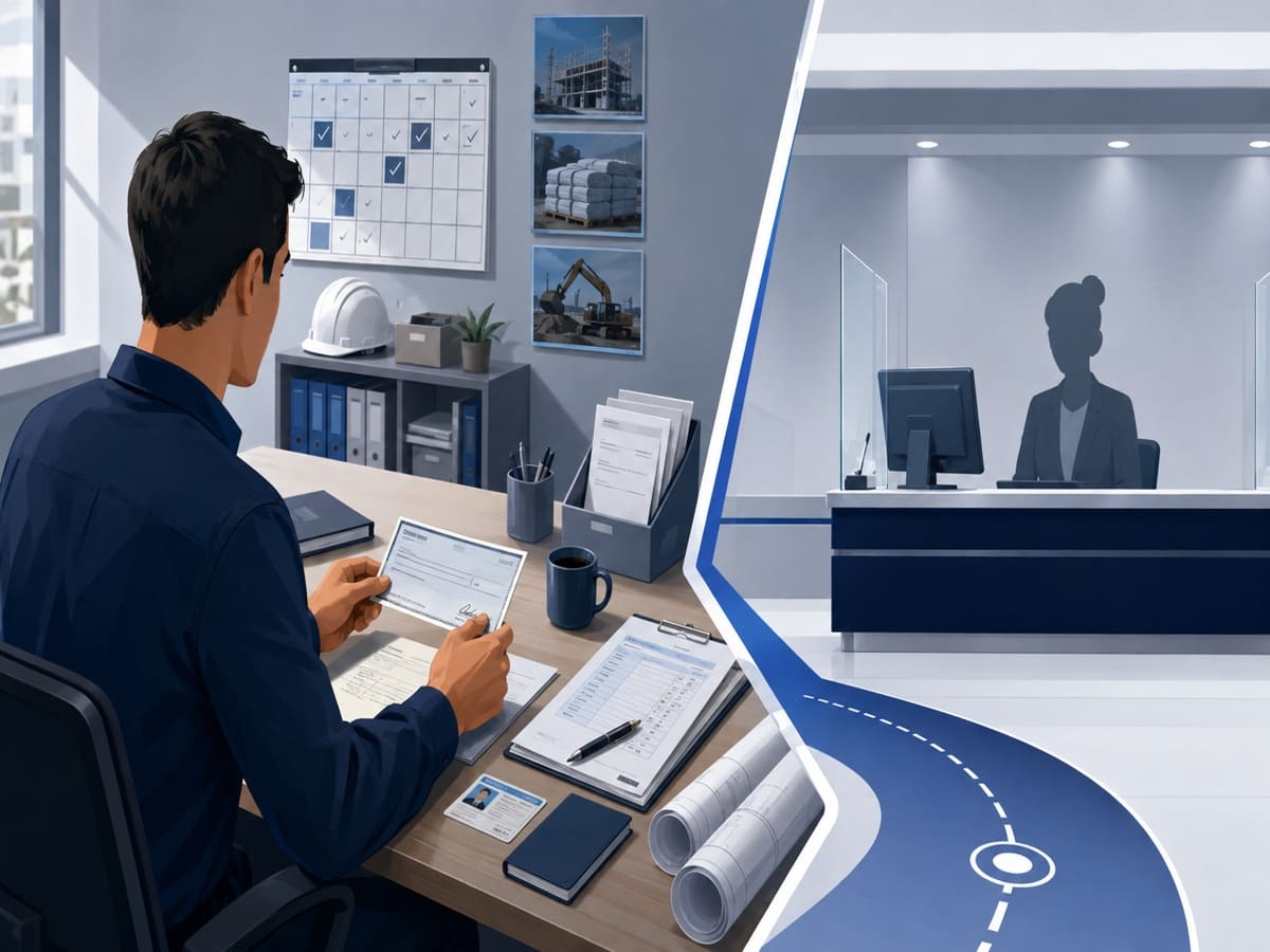 Contractor reviews a business check and documents before approaching a service counter for verification.
