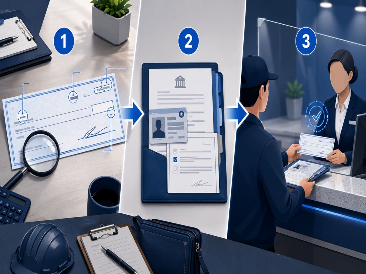 Three-step illustration showing business check review, document preparation, and check verification at a service counter.
