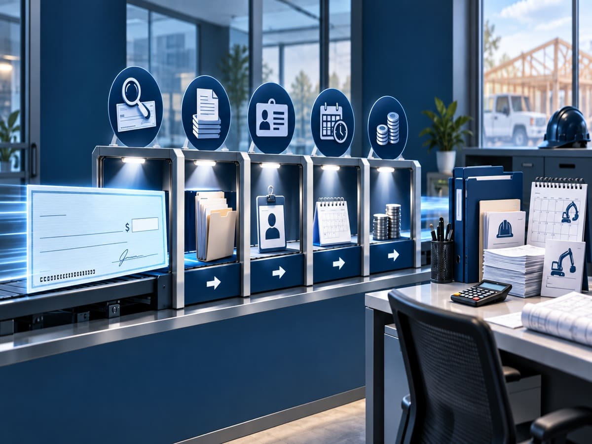 Business check moving through verification checkpoints toward an organized contractor payroll and records workspace.