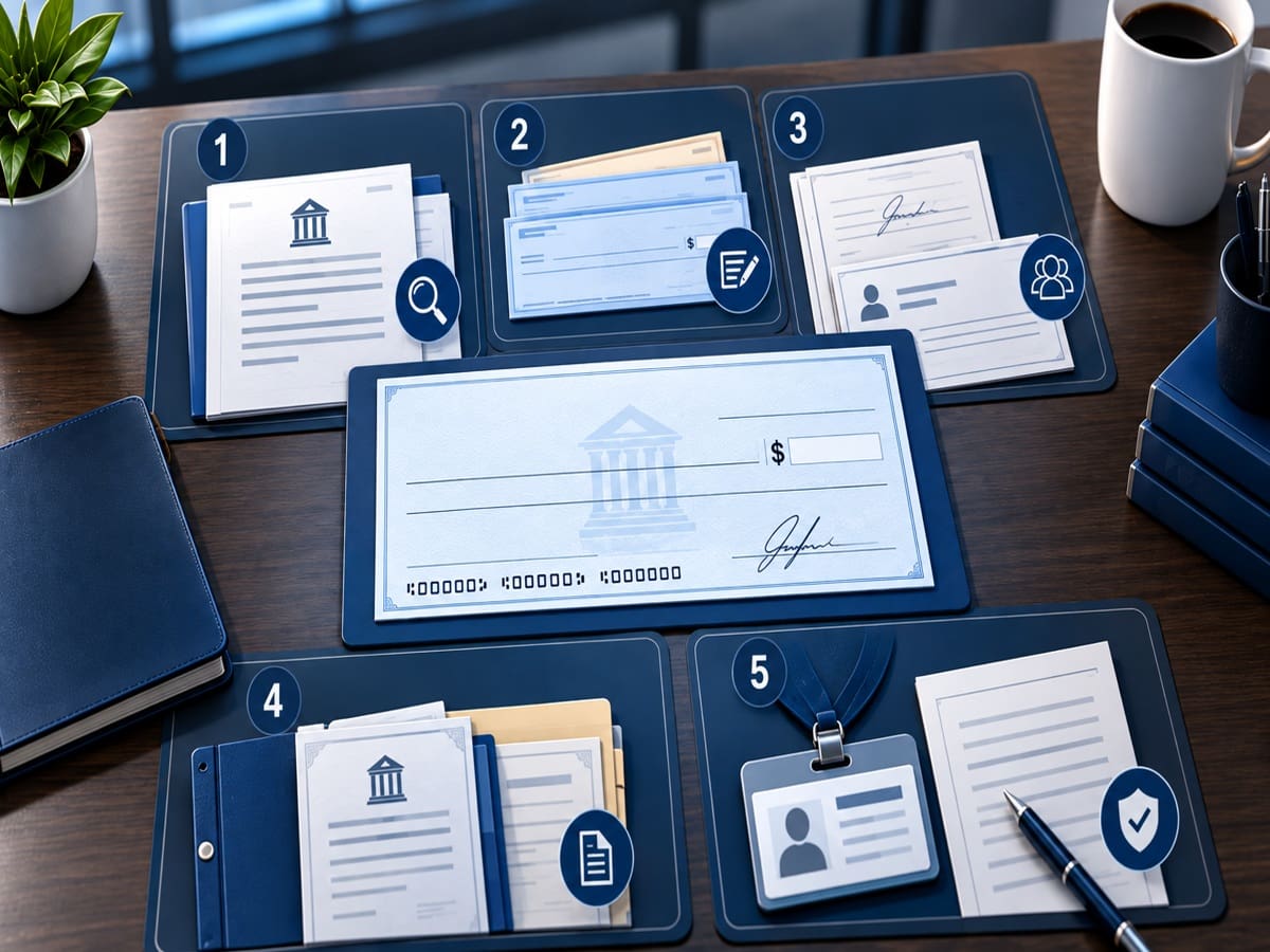 Business check centered among five organized verification sections for issuer, records, identity, and presenter authority.